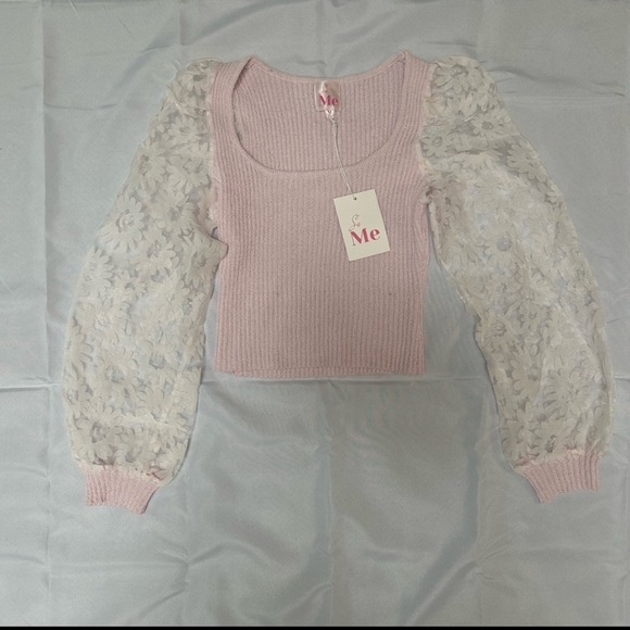 Light Pink Cropped Knit with Sheer Floral Sleeves - Picture 3 of 3